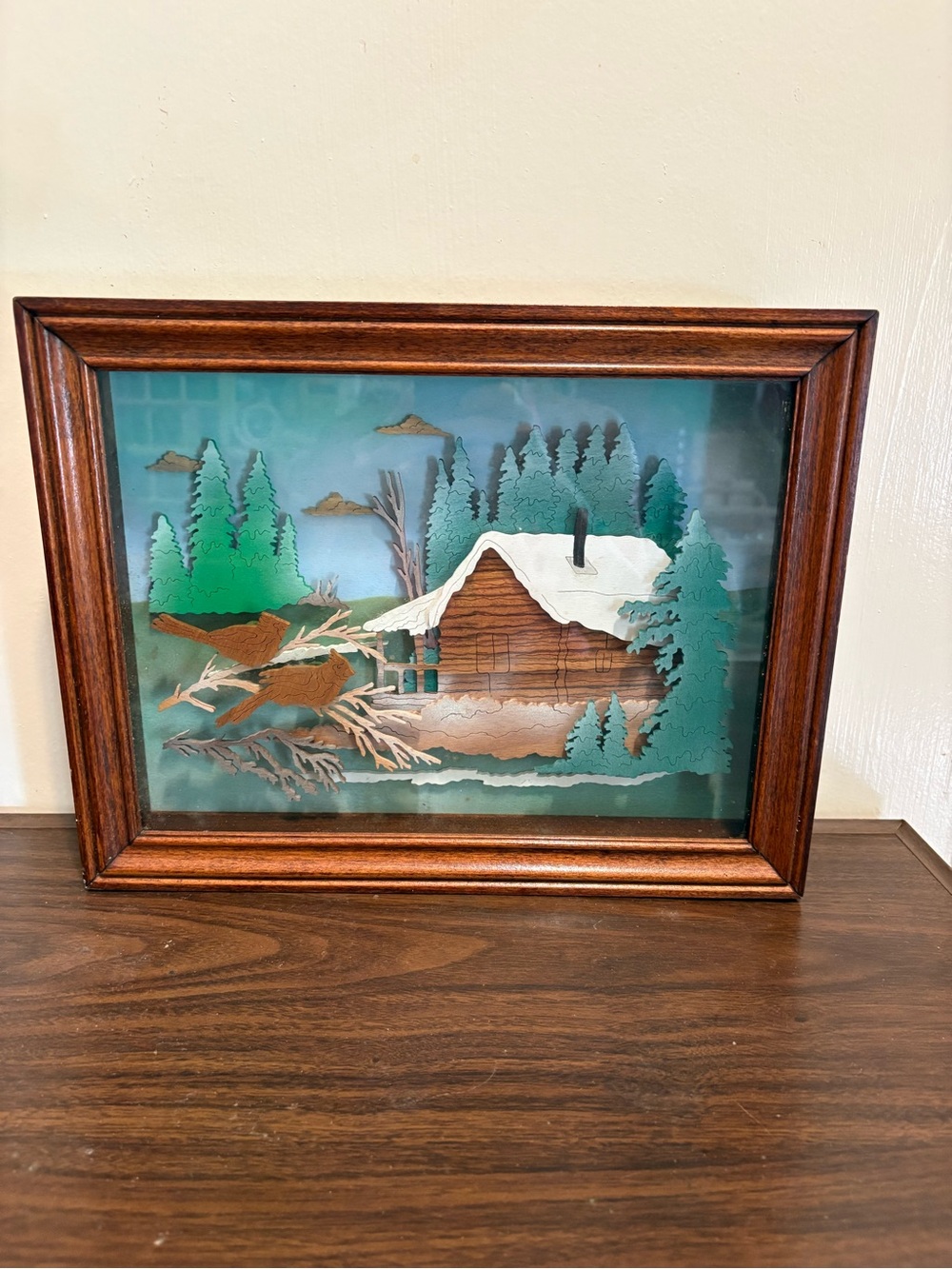 Handmade Framed Winter Cabin 3-D Layered Wood Art - Green & Brown